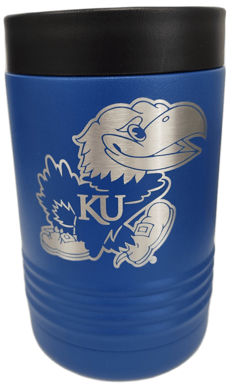 Kansas KU Jayhawk Engraved 12 oz Soda can Holder Rawhide Koozie